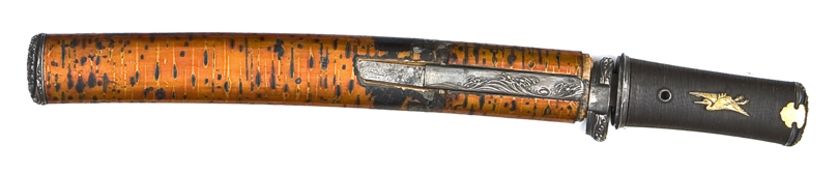 A Japanese silver mounted dagger Aikuchi clip back blade 8” signed Morimitsu, c 1850, cat scratch