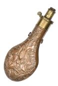 A copper powder flask “Dead Game”, (similar to Riling 630 with 2 rings), “Sykes Patent” brass top,