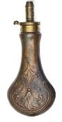 A copper powder flask “Shell” (Riling 377), brass top, marked “Improved Patent”, graduated nozzle 2¼