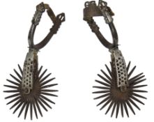 A pair of late 19th cent Spanish close plated iron spurs,  pierced and banded decoration overall,