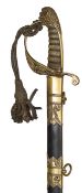 An 1827 pattern Royal Naval officers’ sword, slightly curved, pipe backed blade 29”, by “Prosser,