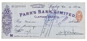 A cheque issued for the Titanic Disaster Fund drawn on Parr’s Bank Ltd to the sum of “Ten