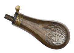 A pistol size copper powder flask “Bush” (Riling 322), brass top plain nozzle, 4¾” overall. Good