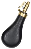 A leather covered shot flask,  in the form of a powder flask, brass top with spring loaded charger
