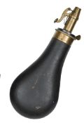 A leather covered shot flask, in the form of a powder flask, brass top with spring loaded charger