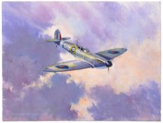 An oil painting on board of a Spitfire flying above clouds, signed “Champion”, 12” x 16”. GCThis lot