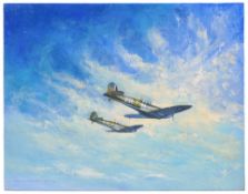 An oil painting on board showing 2 Spitfires, viewed from below, flying into clouds, signed “