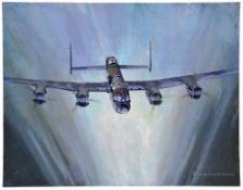 An oil painting on board of an Avro Lancaster bomber flying head on and captured in a searchlight