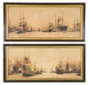 A pair of well executed sepia and colour watercolour paintings of ships in harbour, signed “