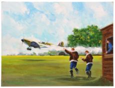 An oil painting on board of a Spitfire landing with smoke pouring from its engine, with 2 aircrew