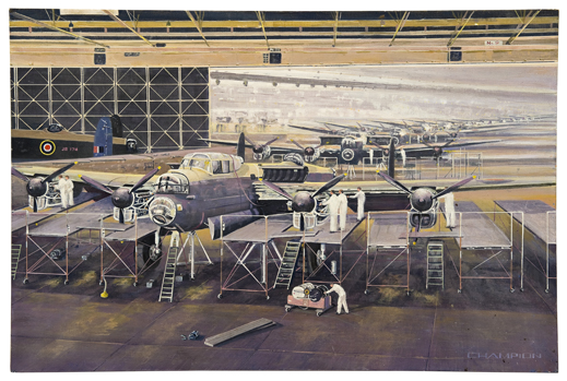 A large oil painting on board, of an assembly line of Avro Lancasters under construction, 30” x 20”,