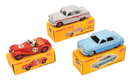 3 Dinky Toys. M.G. Midget Sports (108) in red RN 24. Plus a Ford Zephyr Saloon (162) in two tone