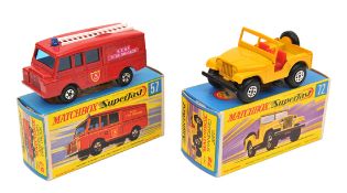 2 Matchbox Superfast. No 57 Land Rover Fire Truck. Bright red with dark blue glass and white ladder,