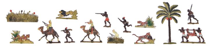 A small set of German flat figures and animals. North African and Indian scenes, a hunting party,