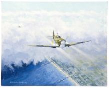An oil painting on board entitled “Spitfire over Brighton”, 20” x 16”, depicting a Spitfire over