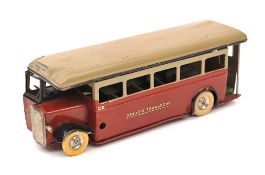 Tri-ang Minic clockwork Single Deck Bus (52M). Rare 1930’s example in deep red and grey ‘London