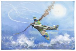 A large oil painting on canvas of “The Hun in the Sun”, 36”x 24”, depticting a Spitfire engaged in a