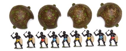A rare set of 9 Britains Zulu Warriors with Knobkerries. Each standing leaning forward to the side