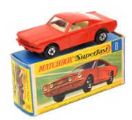 Matchbox Superfast No 8. Ford Mustang. Red body with white interior, with wide plastic wheels.