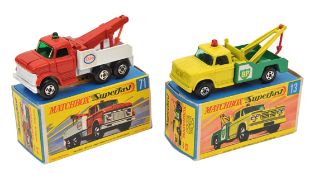 2 Matchbox Superfast. No 13 Dodge wreck Truck. Yellow cab, green rear body, with red light and hook,