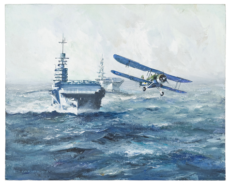 An oil painting on board of a Fairy Swordfish taking off from HMS Ark Royal 1942, with another