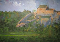 An oil painting on board of the home made aircraft intended to make the escape from Colditz Castle
