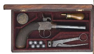 An unusually large 16 bore percussion boxlock pistol, 9¼” overall, turn off barrel 4”, with