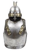 A late 19th Century Turkish cavalry helmet, breast and backplate, the helmet with steel skull, brass