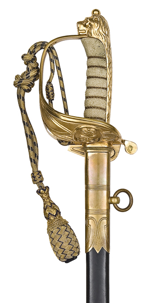 An Elizabeth II naval officer’s sword, straight fullered blade 31”, with Solingen squirrel mark at