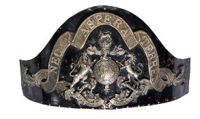 A Georgian drummer’s fur cap plate for a regiment of Foot Guards, black japanned plate bearing