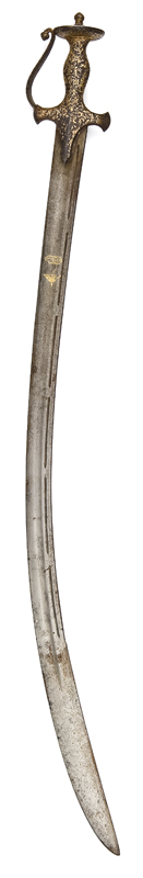 A 19th Century Indian sword tulwar, heavy, curved blade 31”, with shallow central fuller and