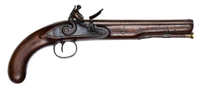 An 18 bore flintlock coaching pistol by H. Nock, London, 14½” overall, refinished and rebrowned
