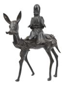 A Chinese bronze censer with an immortal sitting sideways on a deer, height 13½” x 8½”, the deer has