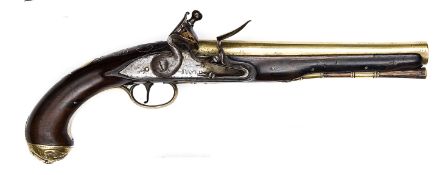An 18 bore brass barrelled flintlock holster pistol, by Daykin, c 1770, 14” overall, barrel 8”