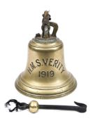 An historic ship’s bell from the W-Class destroyer H.M.S. Verity, with clapper, incised painted