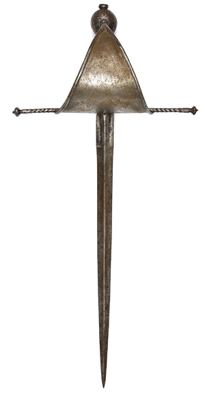An early 17th Century Spanish left hand dagger, Main Gauche, the stout 13½” blade of flattened