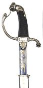 A Napoleonic light cavalry officer’s sword c 1810, curved, fullered blade 32½”, etched with trophies