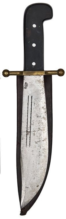 A large Bowie knife, blade 9½”, with twin “feathered” lines along centre of back edge, and marked “