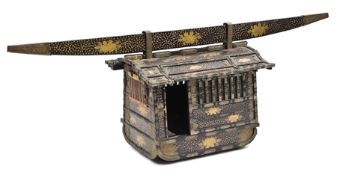 An old model of a Japanese lacquered Palanquin, gold hiramakie on a roironuri ground with brass