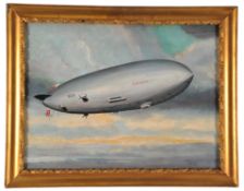 Oil on Canvas of LZ129 “Hindenberg”. Hindenburg flying in clouds signed “F. Ferden”. In gilt