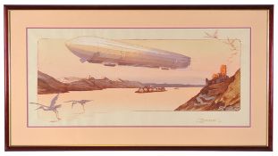 “Zeppelin” Hand coloured lithograph print by E Montaut, mounted, framed and glazed. (101cm x