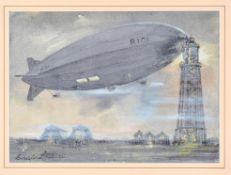 Original Watercolour – “Last Mooring of the R101”. A mounted, framed and glazed watercolour (