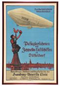 A framed poster for the ‘Hamburg-Amerika Linie’. 67x99cm A picture of the early Zeppelin ‘