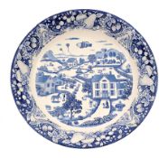 Vintage Sanyei blue and white fruit bowl depicting an un-mechanised European landscape with an