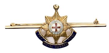 A Royal Sussex Regiment 9ct gold and enamelled tie pin, in leatherette hinged case. VGC Plate 5