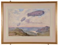 Original Colour washed Sketch of British Rigid Airships. Mounted, framed and glazed (65cmx50cm).