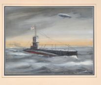 Original Watercolour “E.4.T Britsh Submarine and RNAS SS Airship 33”. Mounted, framed and glazed (