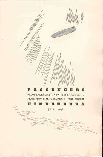 Hindenburg Passenger List dated 3 July 1936, for the flight from Lakehurst NJ to Frankfurt. GC See