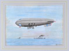 Coloured watercolour of the British airship C*7. Flying over the sea with two dazzle camouflaged