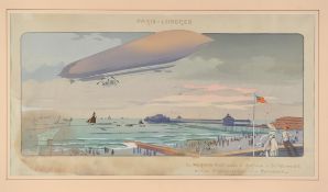 Lithograph of the Lebaudy airship “Morning Post” over Brighton. Printed in colour, finished by hand.